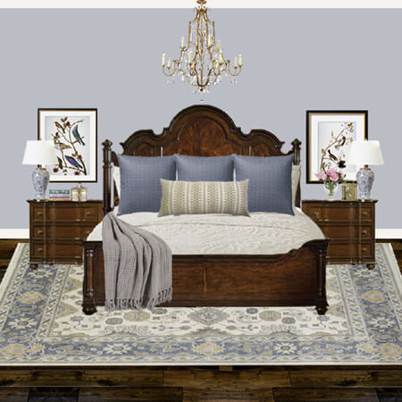 Traditional Bedroom Blue Gray Beige Gold Design