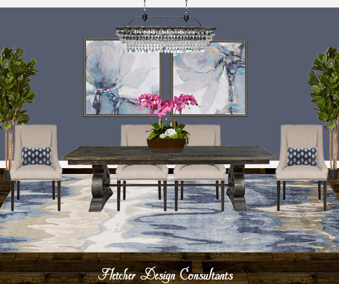 Fun Design Friday - Shades of Blue Dining Room.  Interior designer, decorator, table, chair, chandelier, rug, art, flowers, ideas, decorating